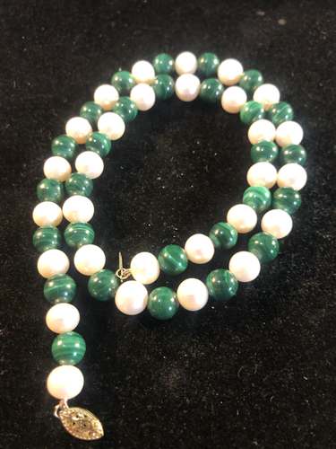 Genuine 14K Yellow Gold 8mm MALACHITE & PEARL Necklace 18" Signed CP