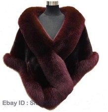 Womens Outdoor Mink Fur Coat Fox Fur Collar Cape Wedding Warm Jacket Free Size