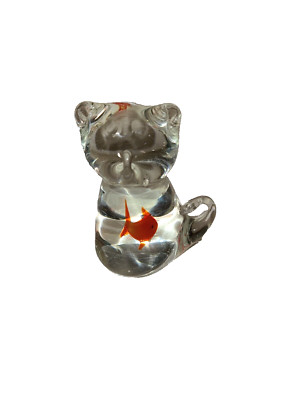 Blown Glass Cat w/ Goldfish Inside Belly Figurine/Paperweight 3'' Tall