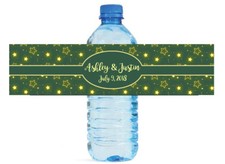 Glowing Stars Green background Wedding Anniversary Birthday Water Bottle Labels