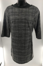 Women H&M Plaid Black & Grey Work 3/4 Sleeve Shift Knee Length Dress Size Large