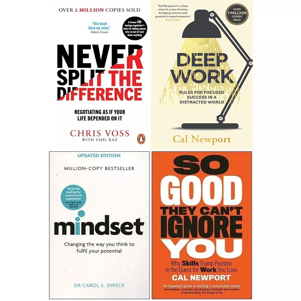 Never Split the Difference, Deep Work, Mindset Dr Carol Dweck 4 Books Set