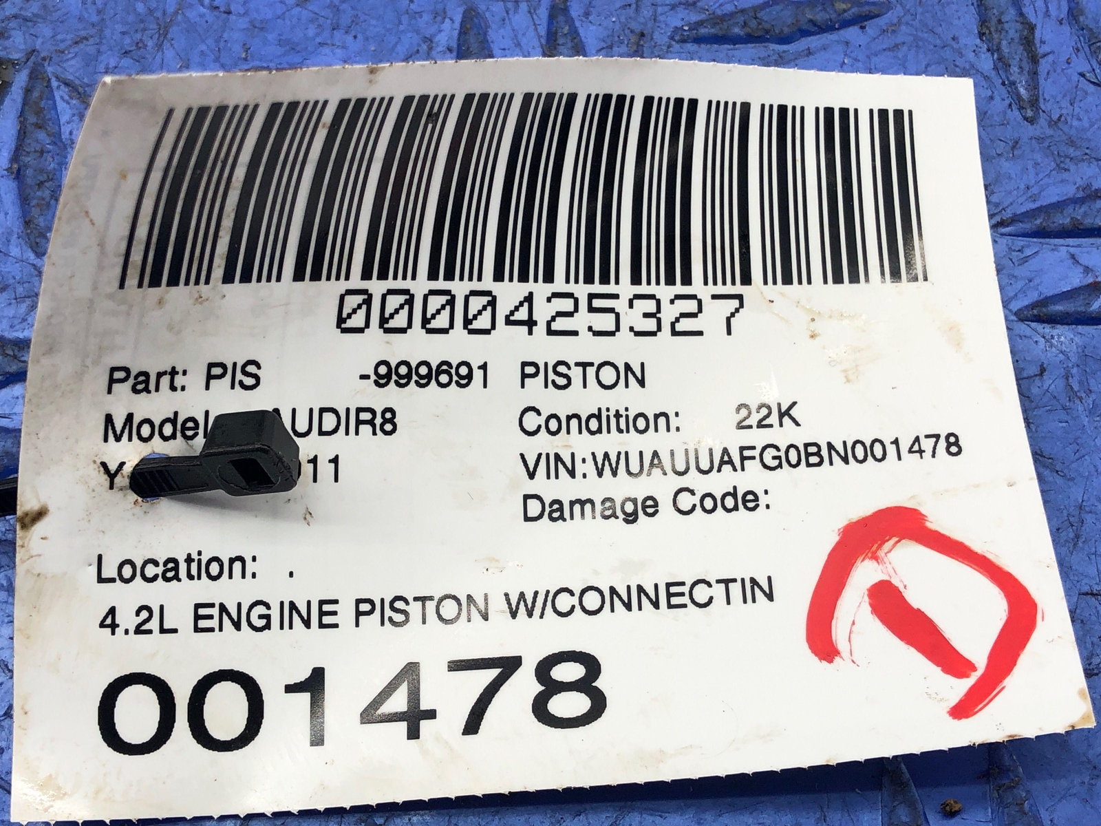 2011-2015 AUDI R8 4.2L ENGINE PISTON W/CONNECTING ROD 079107066CT OEM 2012 2013