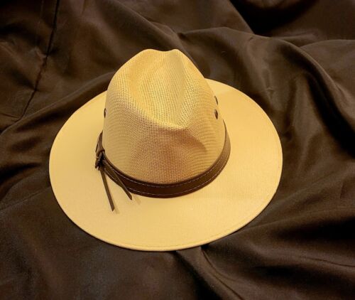 Cappello Jen West grande beige marrone rifinito duro Panama cowboy ranch safari regalo - Foto 2 di 12