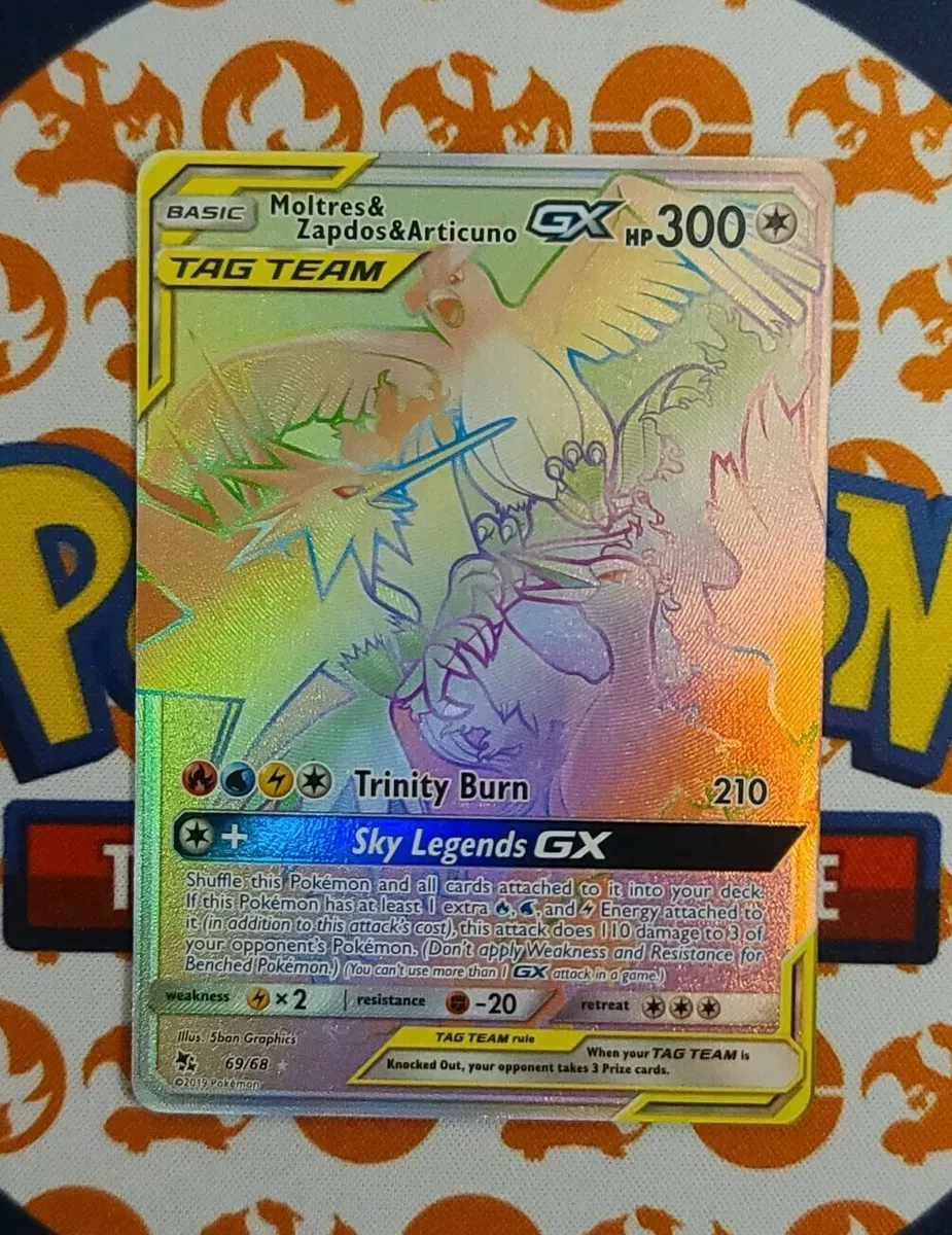 RAINBOW Moltres Zapdos Articuno GX SECRET RARE Pokemon 69/68 Tag Team Holo  - LP