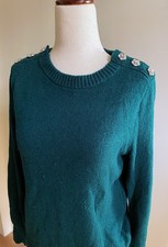 J.Crew Crewneck Jeweled Embelished Button Lambswool Blend Forest Green Sweater S