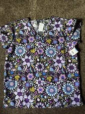 Womens L Serene Scrub Top Flower Power Design 2 Pocket Purple Polyester
