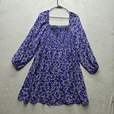 BCBG Paris Women Dress L Blue Floral Fit & Flare Smocked Garden Party NWT