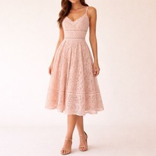 NSR Blush Pink Lace Midi Dress Sz Medium Spaghetti Strap V-Neck Lined Fit Flare