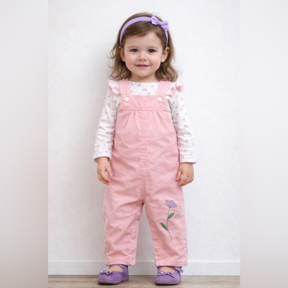 Vintage Pink Overalls (24 Mon) pink pinstripe with flowers Health-Tex