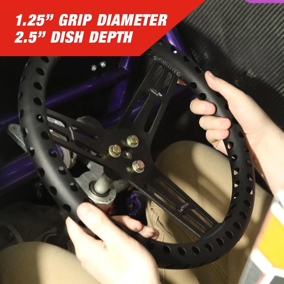 Volante Longacre® 52-56833 14" aluminio perforado negro, plato ligero Foto 3 de 4