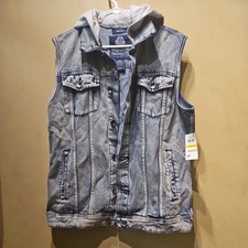 T266 American Rag Men's Denim Blue Jean Vest W/Gray Hood - Size Medium