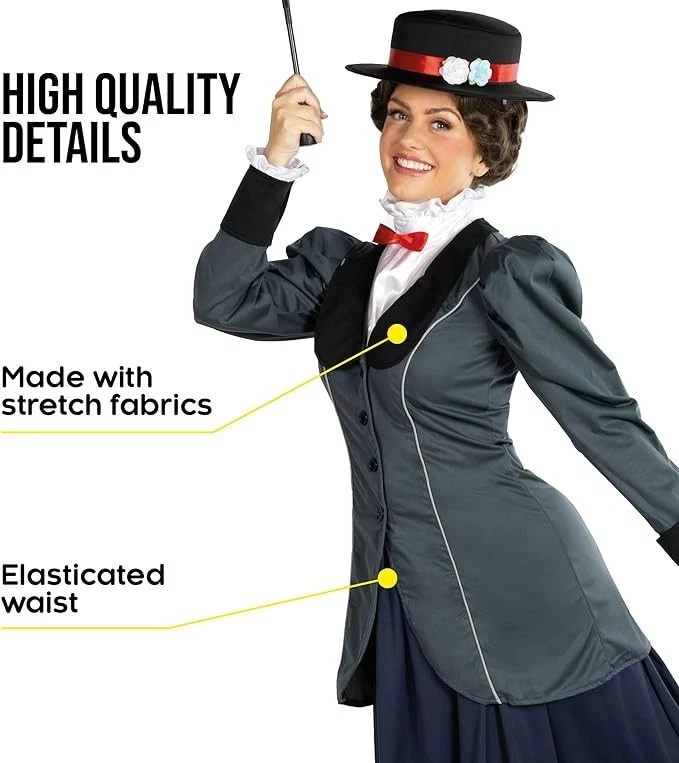 Women`s Mary Poppins Costume Adult Old Timer Magic English Nanny Dress S - 3XL - Image 3 of 4