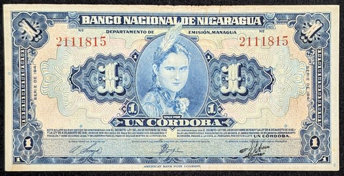 Nicaragua 1 Cordoba 1951, Pick# 91b, Circulated, Historical Collectible