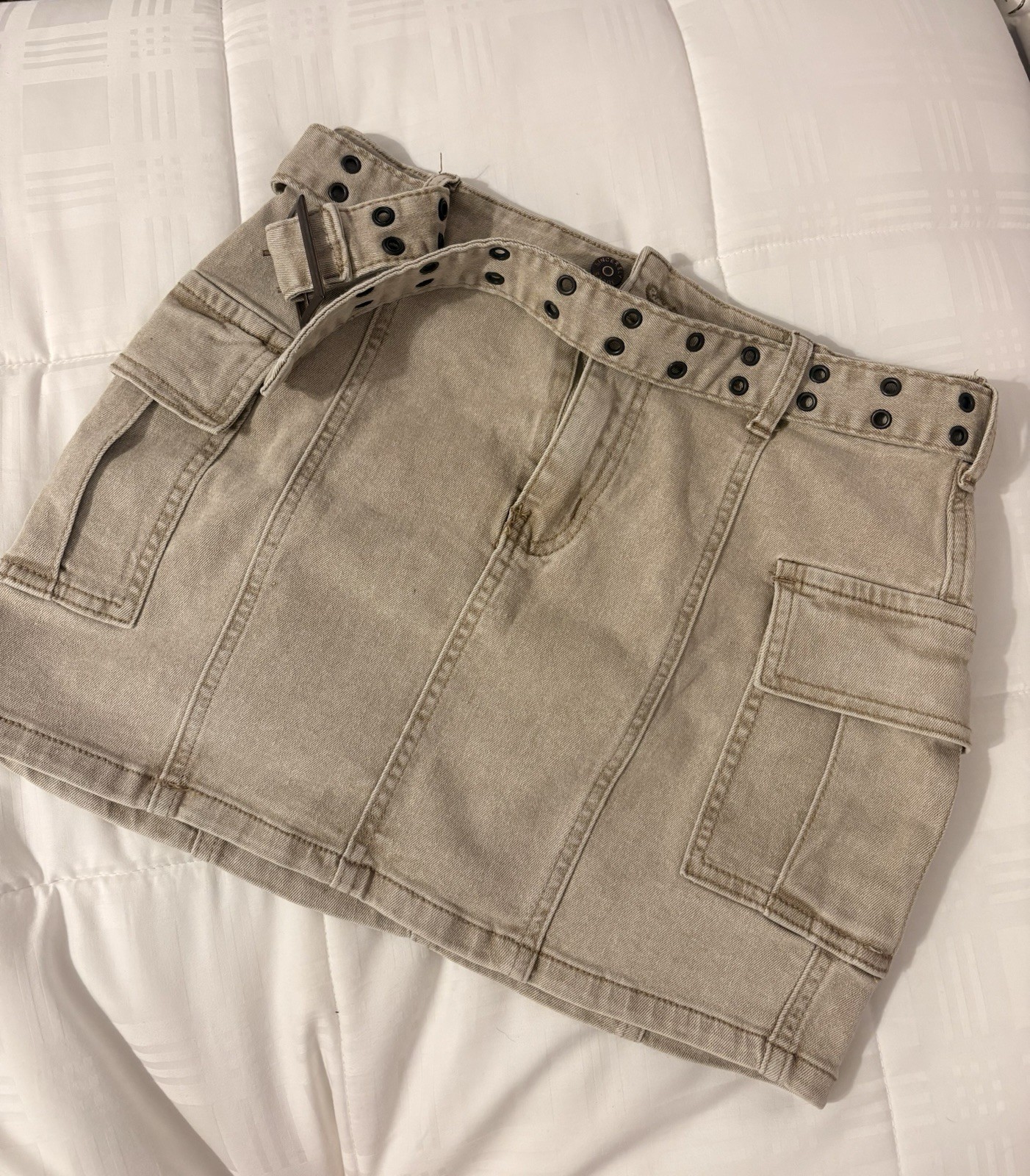 Women’s Beige Denim Mini Skirt Size S Regular Button Front Pockets Solid