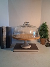 Vintage Ribbed Glass Cake Stand with Dome Lid  White Ceramic Base