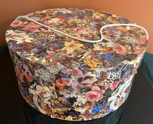 Vintage Flowered Cardboard Hat Box with Lid 15 Inches Diameter 6.75 Inches Tall
