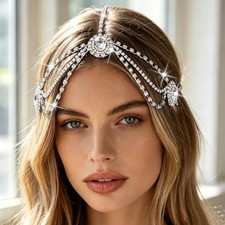 Women Bohemian Rhinestones Gold Head Chain Hair Accessories for Bridal Silver