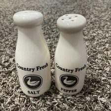 Vintage Country Fresh Milk Bottle Salt & Pepper Shakers with Picture of Ducks