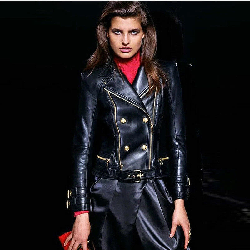 Femmes Cuir V ritable Veste Motard Dor Bouton Clout Manteau