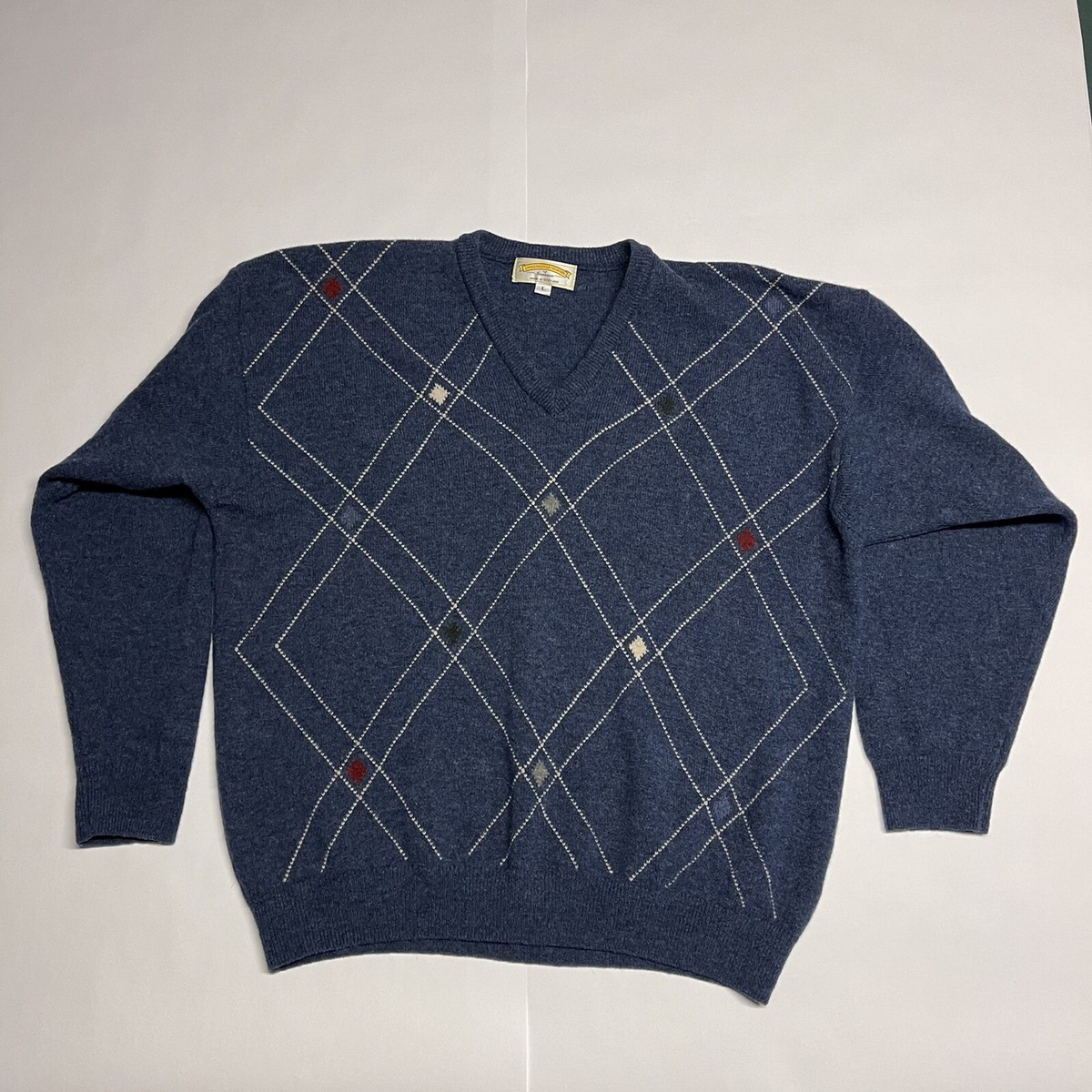 James Pringle Weavers Men's Large Wool Argyle Long Sleeve V Neck