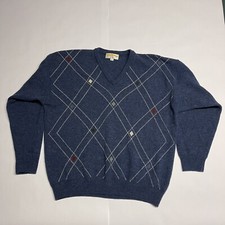 James Pringle Weavers Men's Large Wool Argyle Long Sleeve V Neck Sweater Blue