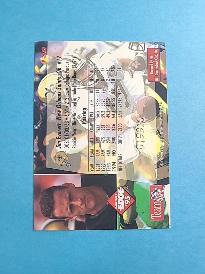 JIM EVERETT 1995 COLLECTOR'S EDGE BLACK LABEL FOOTBALL CARD # 138 H8705 - Image 2 of 2