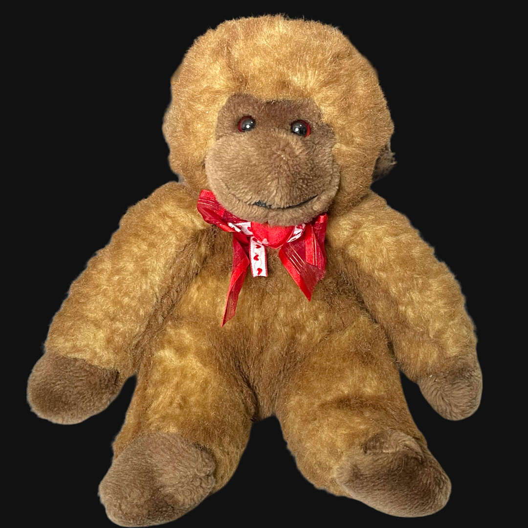 Vintage Brown Monkey w/Red Heart Ribbon Plush Stuffed Animal