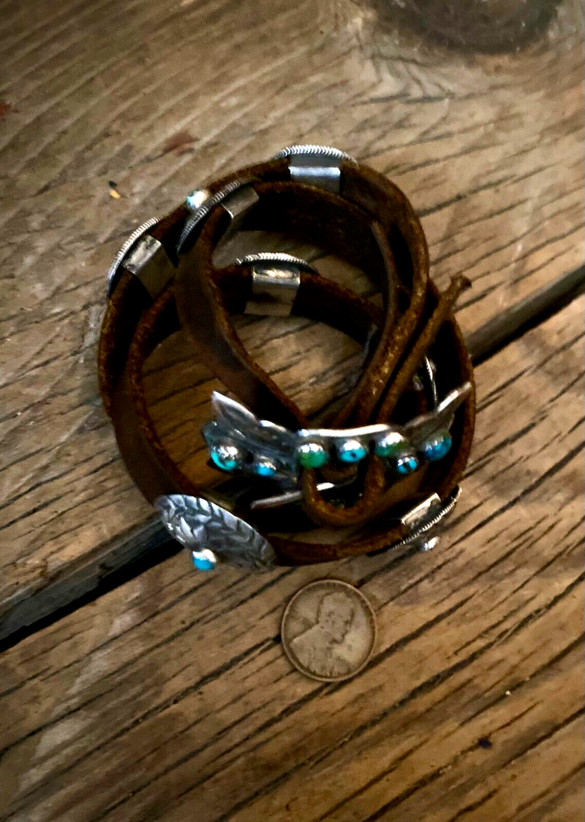 Sterling Silver Leather Natural Turquoise Old Dime Concho Bracelet