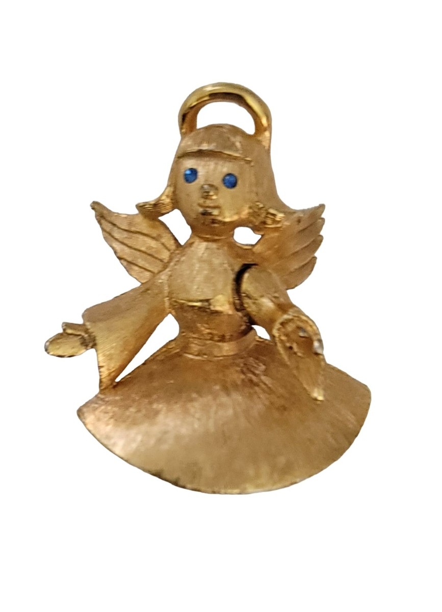 JJ Jonette Gold Tone Blue Rhinestones Eyes Articulated Arm Angel