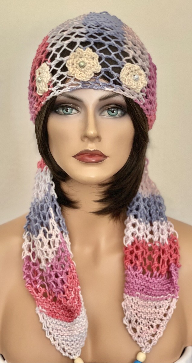 Hand Knits 2 Love Cotton Bandana Scarf Cap Lace Beads  display picture 2