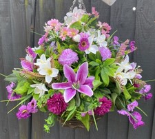 12 Inch Rattan Hanging baskets with artificial flowers (#36)