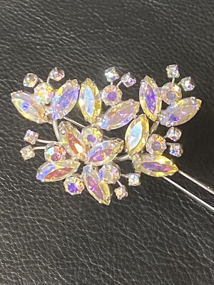 Exquisite Weiss Large Flowers Crest Brooch Autora Borealis Rhinestones Signed