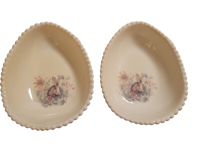 (2) POTTERY BARN EASTER BUNNY RABBIT EGG BOWLS Dishes Scalloped Edges *Crazing*