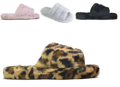 Ladies Open Toe Fluffy Cosy Sliders Womens Fur Strap Wide Fit Slippers Sizes 5-9