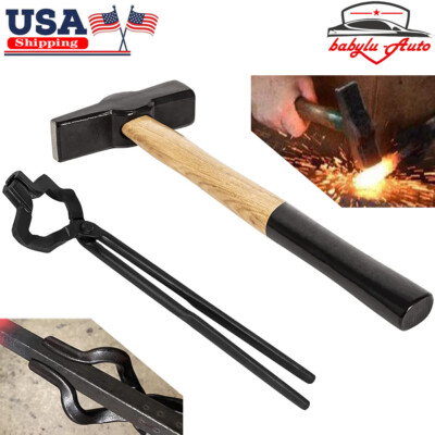 16'' Z V-Bit Tongs and 1.5KG Blacksmith Hammer Set For Anvil Knife Making Forge