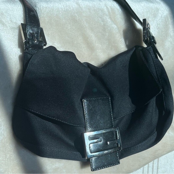 FENDI Black Satin and Leather Hobo Shoulder Bag. Mamma