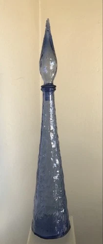 VINTAGE ITALIAN BLOWN GLASS DECANTER EMPOLI CRINKLE PERIWINKLE 22" BLENKO ERA