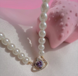 Authentic Pearl Necklace Heart Shape Pendant 14k White Gold Plated Amethyst 925
