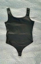 Black Faux Leather Sleeveless Bodysuit Scoop Neck -Edgy Night Out- Size M