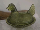 Vintage Indiana Glass Green Hen on Nest Covered Dish Beaded Rim Chicken