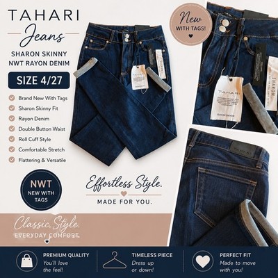 Tahari Sharon Skinny Jeans Womens 4/27 Dark Wash Rayon Denim Double Button NWT