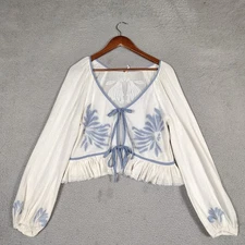 Free People Lookout Top Women's Large White Blue Semi-Sheer Blouson Sleeve Boho