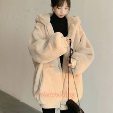 Lady Faux Fur Hooded Overcoat Soft Plush Coat Hoodie Jacket Zipper Fluffy Furry