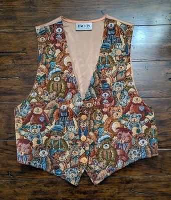 Vtg 90s FACETS Tapestry Teddy Bear Vest Medium Grandmacore Cottagecore Trend
