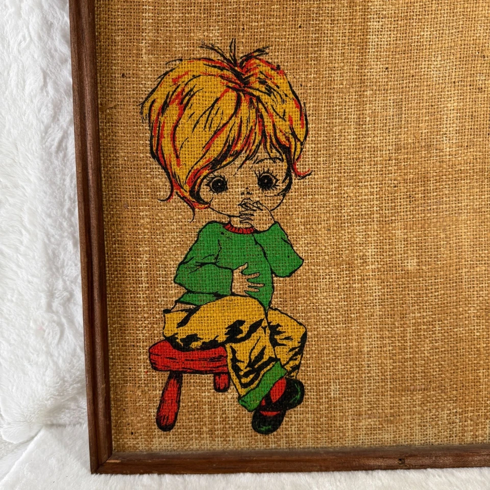 Vintage 1970s Framed Burlap Art "Dont Forget" With Big-Eyed Child Image - Image 2 of 4