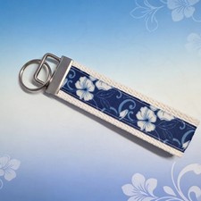 Blue Tropical Floral Wristlet Keychain Fabric Key Fob