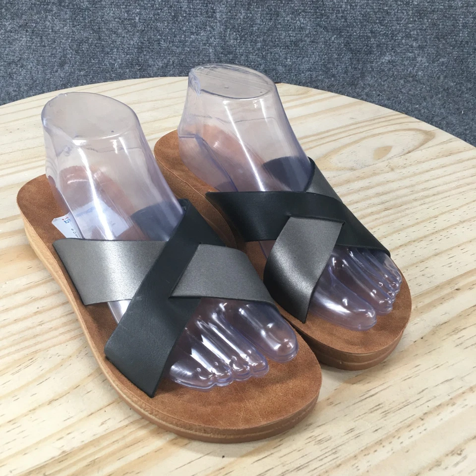NUEVAS Sandalias Wanted Para Mujer 8 Heidi Correa Cruzada Deslizable Marrón Negro Imitación Cuero Foto 3 de 4