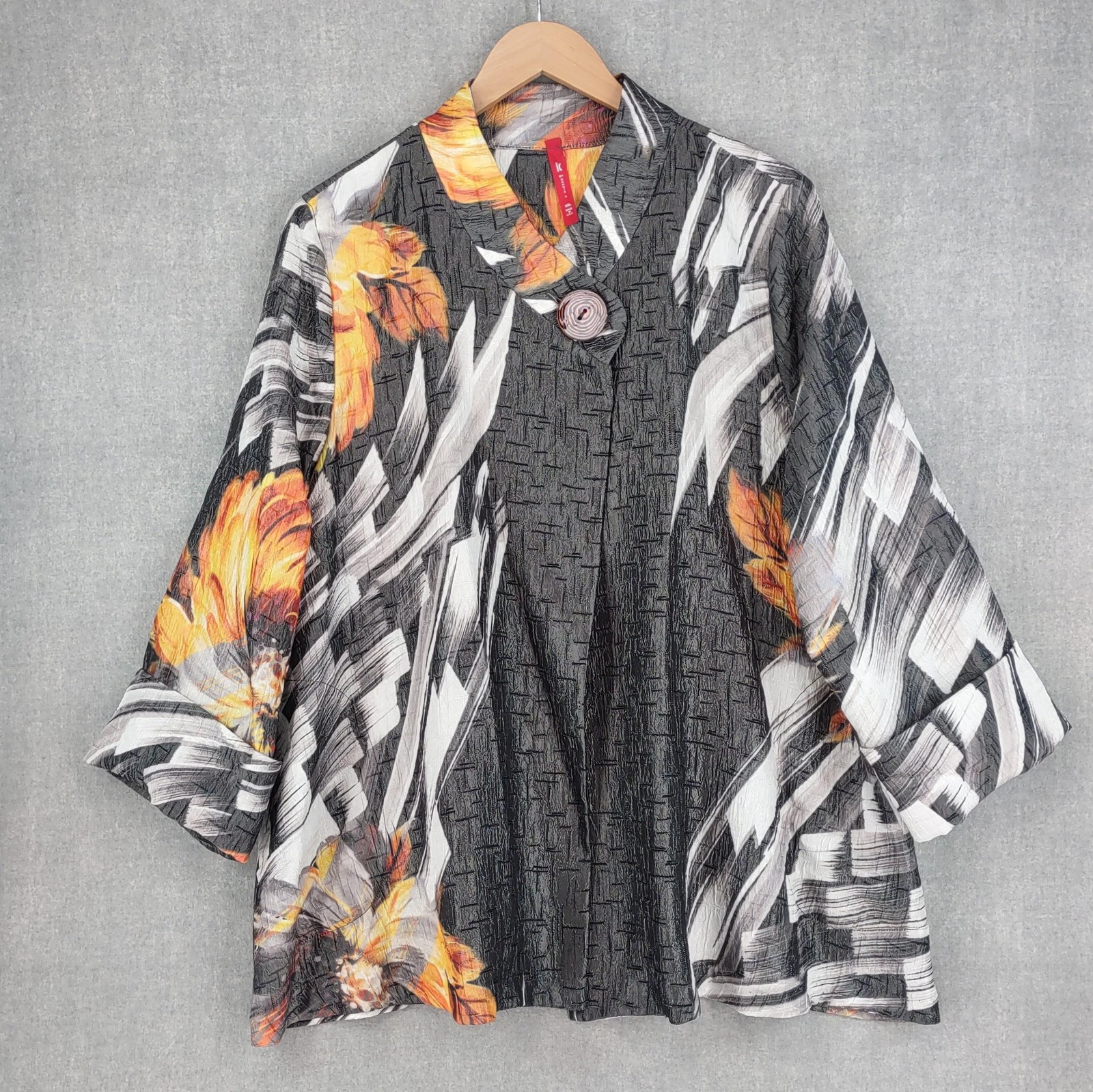 IC by Connie K Jacket 2XL Abstract Art Wear Crinkle Lagenlook 3/4 Button Up USA