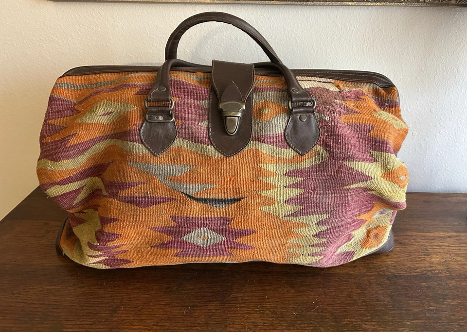 Turkish Kilim Wool Leather Weeken Duffel Travel Carpet Bag  - Image 2 of 4